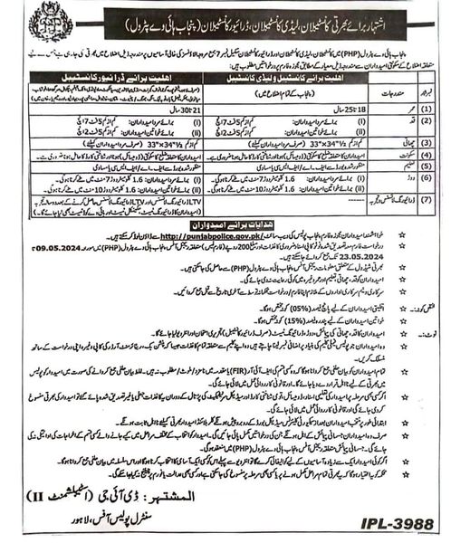 Punjab Highway Police Jobs Advertisement 2024 for Constables