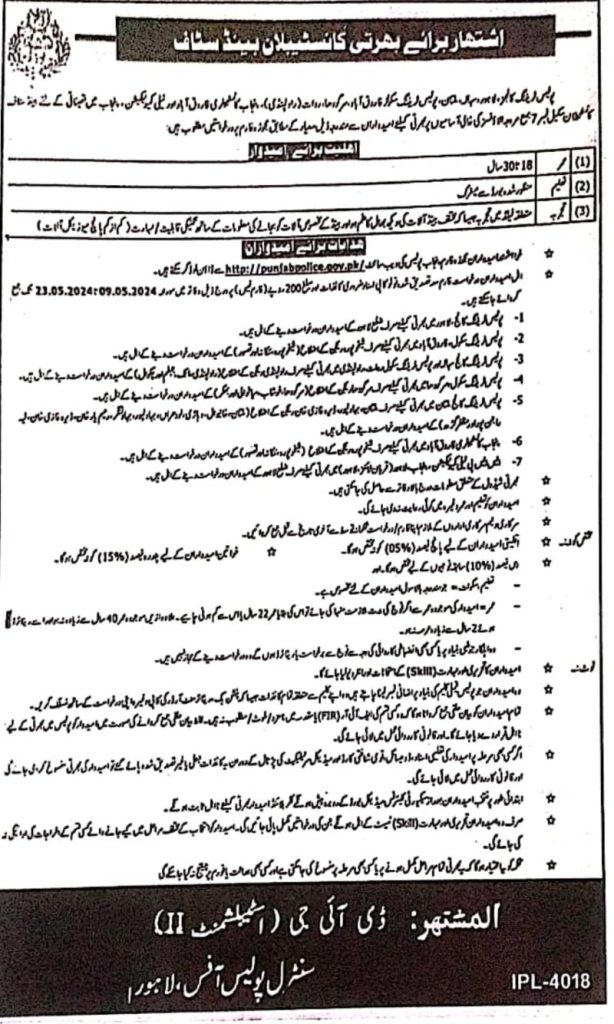 Punjab Police Band Staff Constable Jobs Advertisement 2024