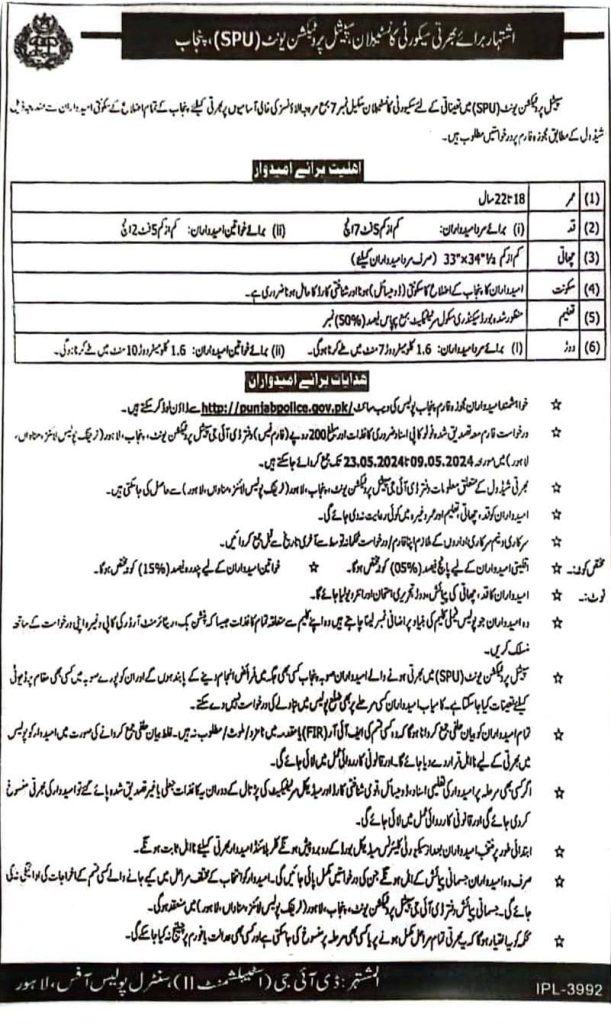 Punjab Police Special Protection Unit SPU Jobs Advertisement 2024